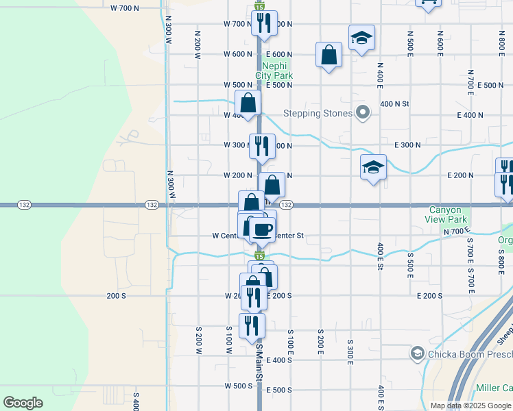 map of restaurants, bars, coffee shops, grocery stores, and more near Utah 132 in Nephi