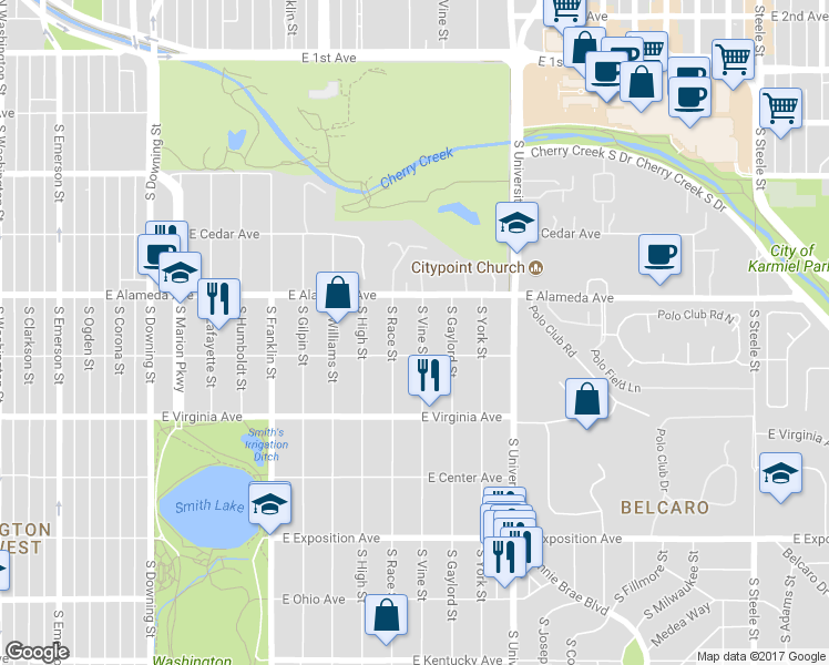 map of restaurants, bars, coffee shops, grocery stores, and more near 357 South Vine Street in Denver