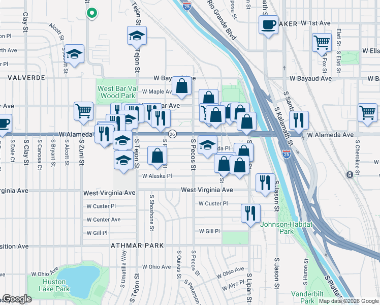 map of restaurants, bars, coffee shops, grocery stores, and more near 1395 West Dakota Avenue in Denver