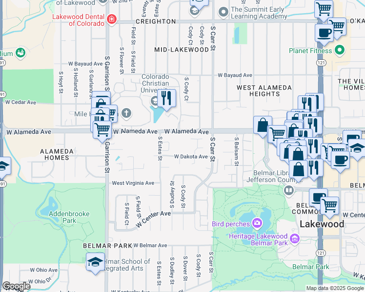 map of restaurants, bars, coffee shops, grocery stores, and more near 8585 West Dakota Avenue in Lakewood