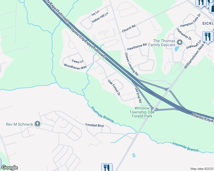 map of restaurants, bars, coffee shops, grocery stores, and more near 52 Wilton Way in Sicklerville
