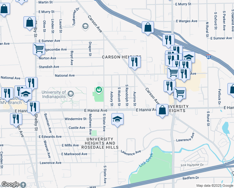 map of restaurants, bars, coffee shops, grocery stores, and more near 3906 South Walcott Street in Indianapolis