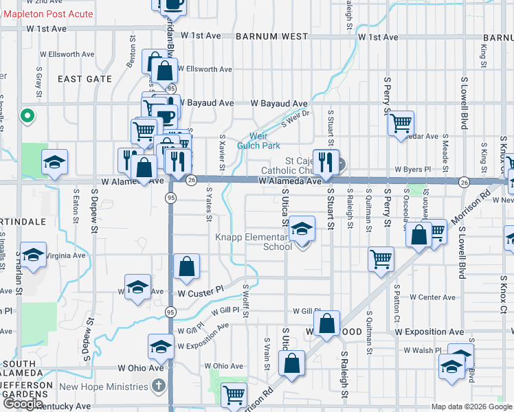 map of restaurants, bars, coffee shops, grocery stores, and more near 4702 West Dakota Avenue in Denver