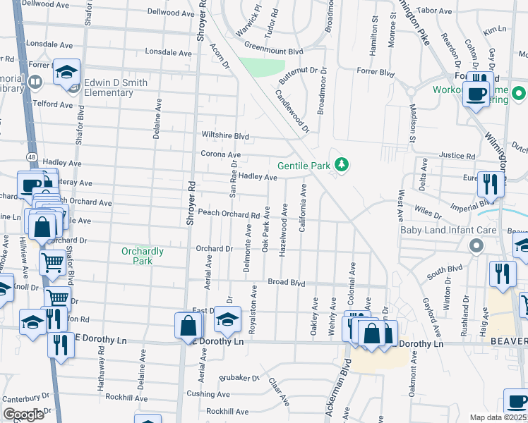 map of restaurants, bars, coffee shops, grocery stores, and more near 653 Peach Orchard Road in Dayton