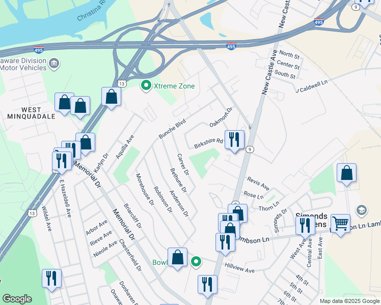 map of restaurants, bars, coffee shops, grocery stores, and more near 431 Carver Drive in Wilmington