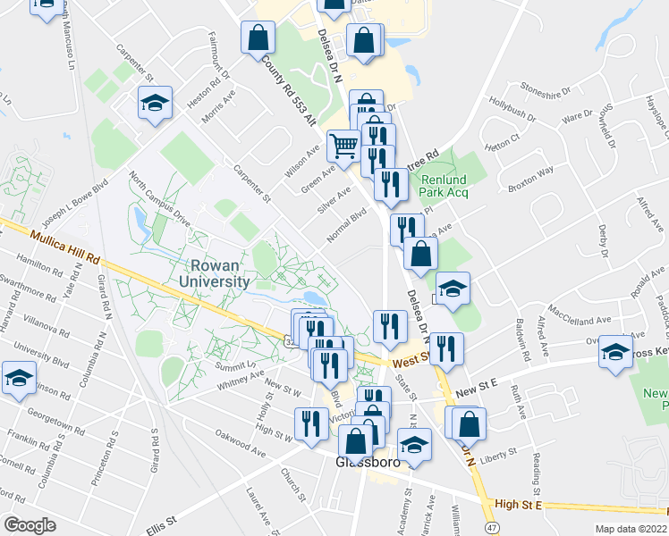 map of restaurants, bars, coffee shops, grocery stores, and more near 40 Campus Terrace in Glassboro