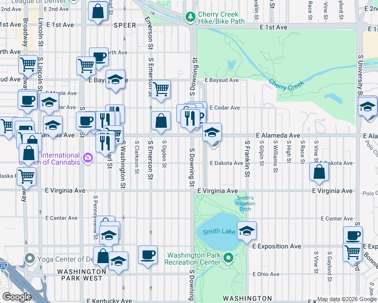 map of restaurants, bars, coffee shops, grocery stores, and more near 388 South Downing Street in Denver