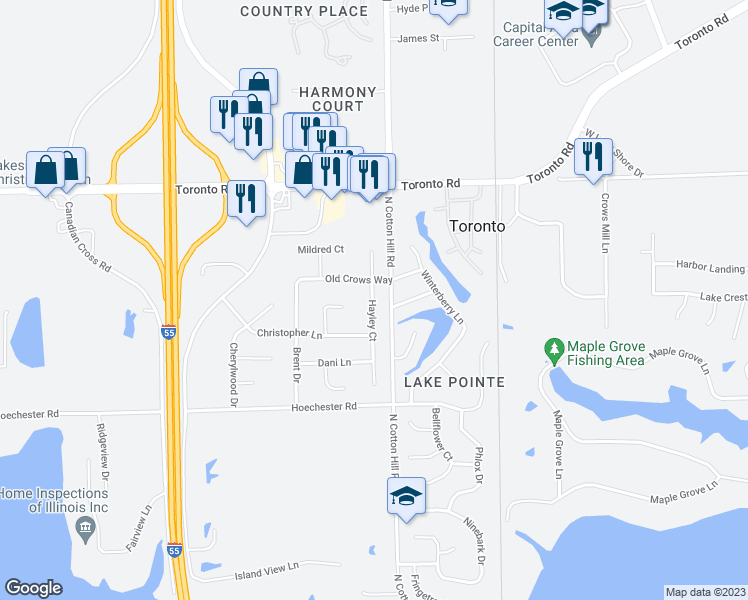 map of restaurants, bars, coffee shops, grocery stores, and more near 6308 Hayley Court in Springfield
