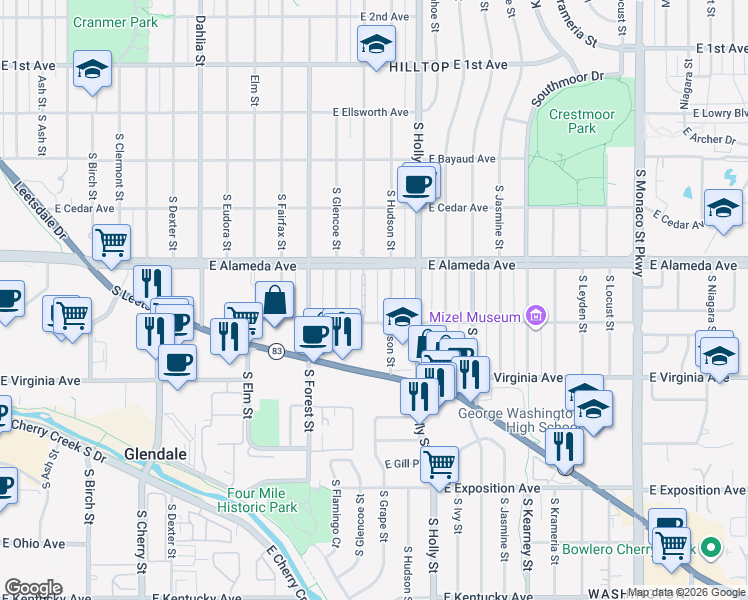 map of restaurants, bars, coffee shops, grocery stores, and more near 5401 East Dakota Avenue in Denver