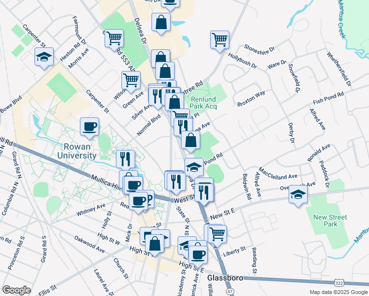map of restaurants, bars, coffee shops, grocery stores, and more near 328 Delsea Drive in Glassboro