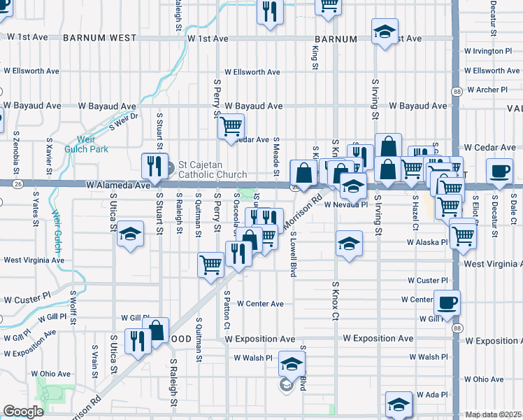 map of restaurants, bars, coffee shops, grocery stores, and more near 401 South Newton Street in Denver