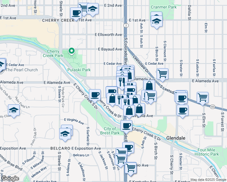 map of restaurants, bars, coffee shops, grocery stores, and more near 350 South Jackson Street in Denver