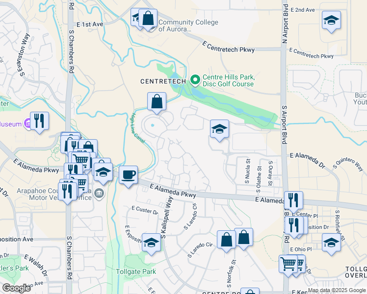 map of restaurants, bars, coffee shops, grocery stores, and more near 15911 East Dakota Place in Aurora