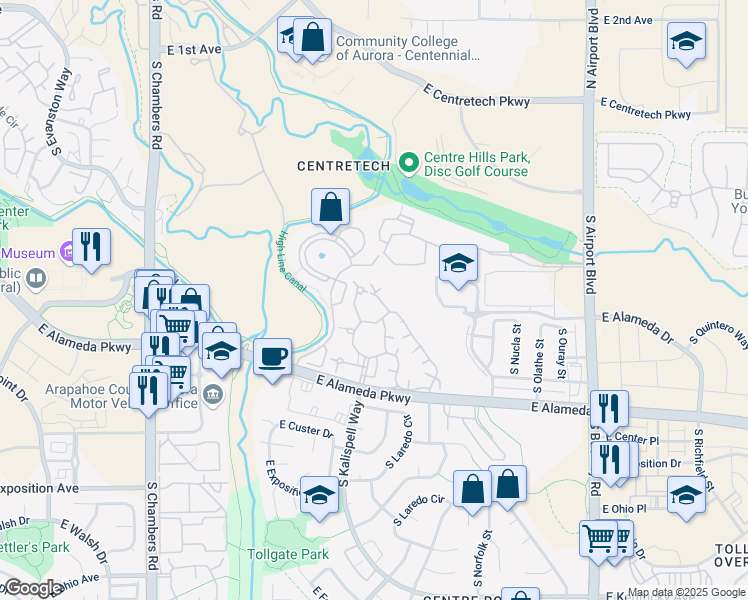 map of restaurants, bars, coffee shops, grocery stores, and more near 15911 East Dakota Place in Aurora