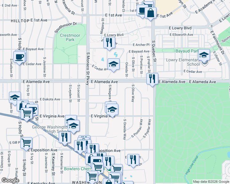 map of restaurants, bars, coffee shops, grocery stores, and more near 366 South Newport Way in Denver