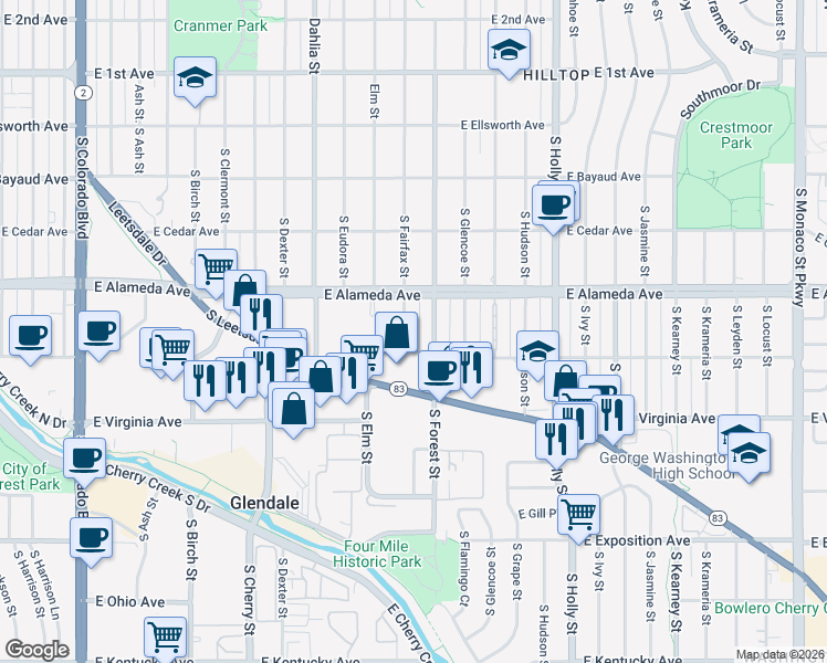 map of restaurants, bars, coffee shops, grocery stores, and more near 380 South Fairfax Street in Denver