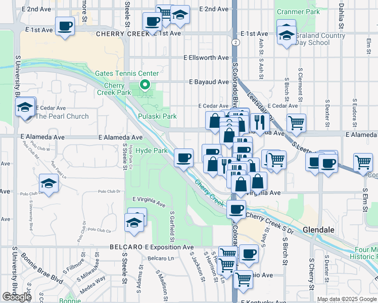 map of restaurants, bars, coffee shops, grocery stores, and more near 3665 Cherry Creek North Drive in Denver