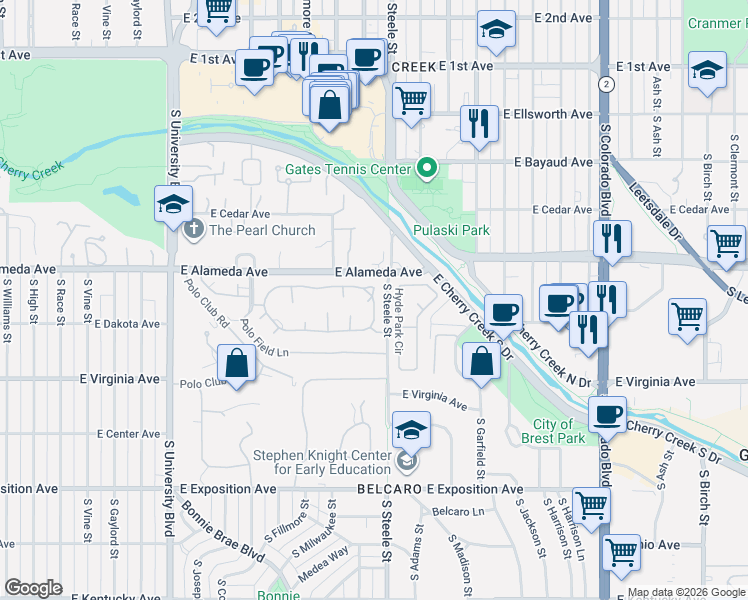map of restaurants, bars, coffee shops, grocery stores, and more near 68-72 Polo Club Rd N in Denver