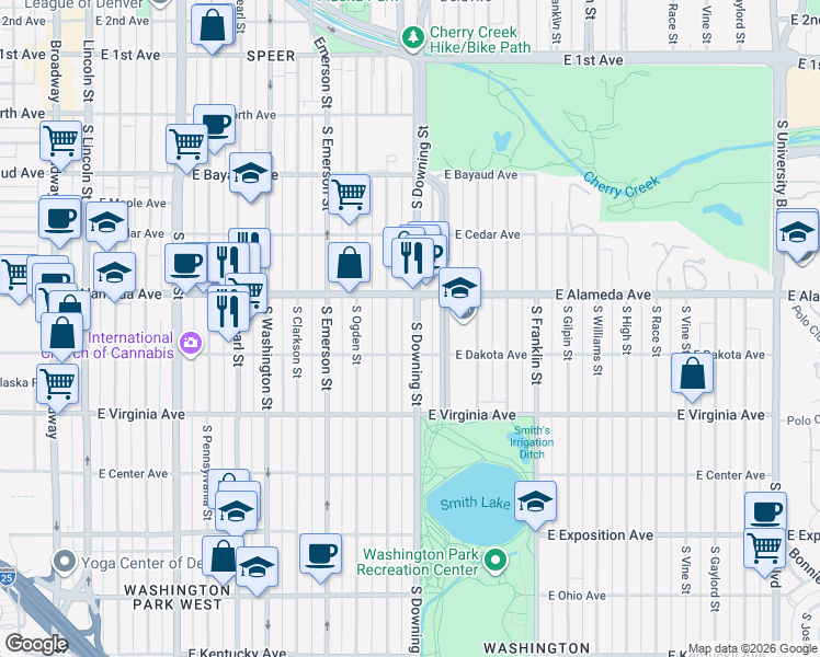 map of restaurants, bars, coffee shops, grocery stores, and more near 388 South Downing Street in Denver