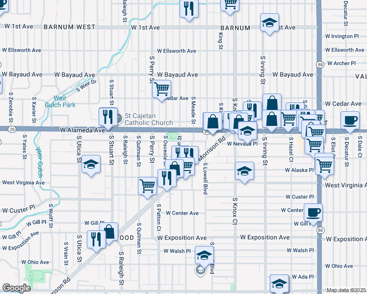 map of restaurants, bars, coffee shops, grocery stores, and more near 401 South Newton Street in Denver