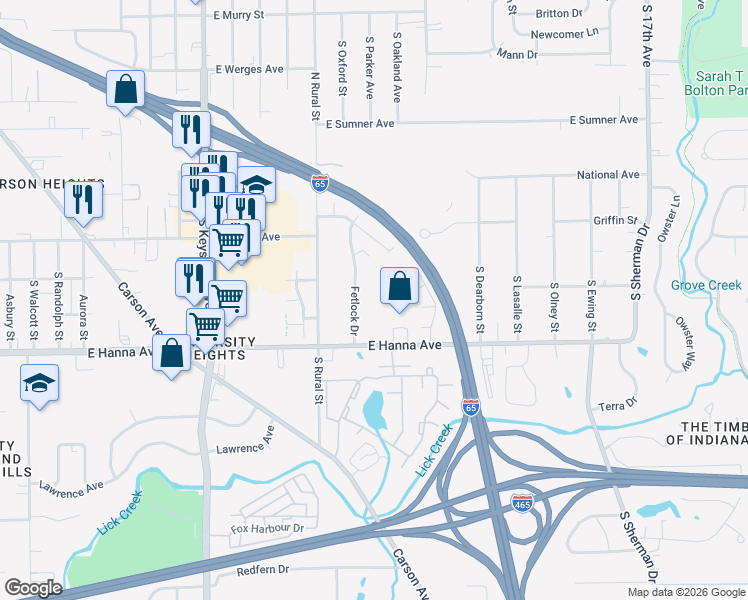 map of restaurants, bars, coffee shops, grocery stores, and more near 2900 East Hanna Avenue in Indianapolis