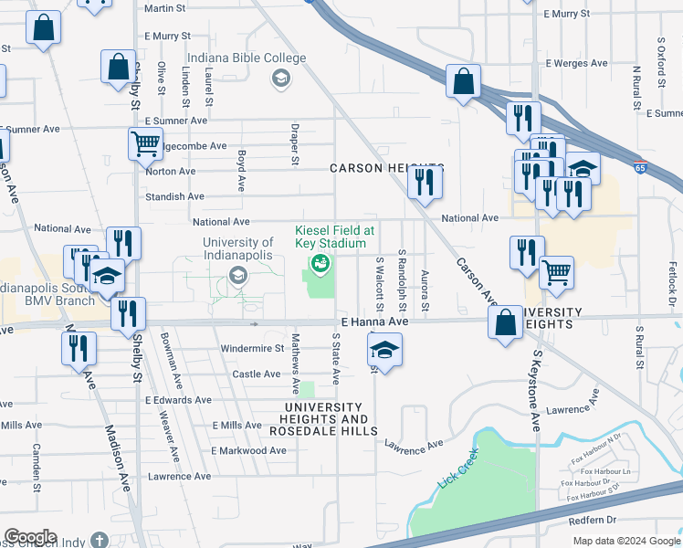 map of restaurants, bars, coffee shops, grocery stores, and more near 3909 South State Avenue in Indianapolis