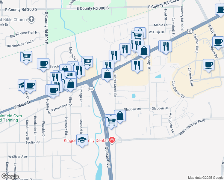 map of restaurants, bars, coffee shops, grocery stores, and more near 3650 County Road 850 East in Plainfield