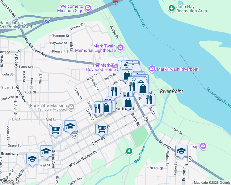 map of restaurants, bars, coffee shops, grocery stores, and more near 408 Center Street in Hannibal