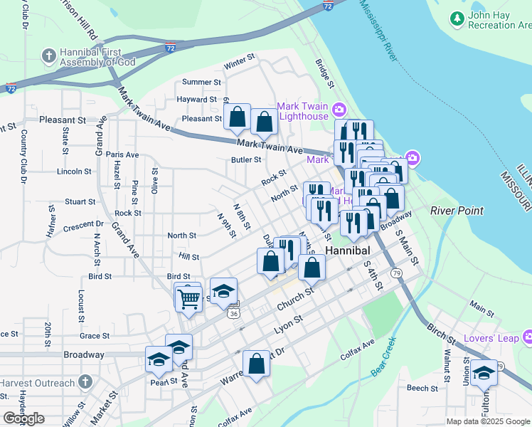 map of restaurants, bars, coffee shops, grocery stores, and more near 319 North 7th Street in Hannibal