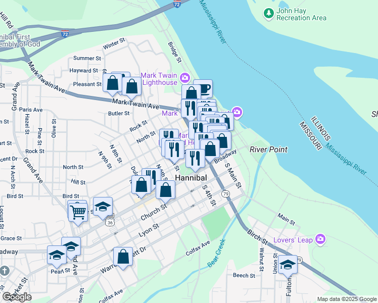 map of restaurants, bars, coffee shops, grocery stores, and more near 408 Center Street in Hannibal