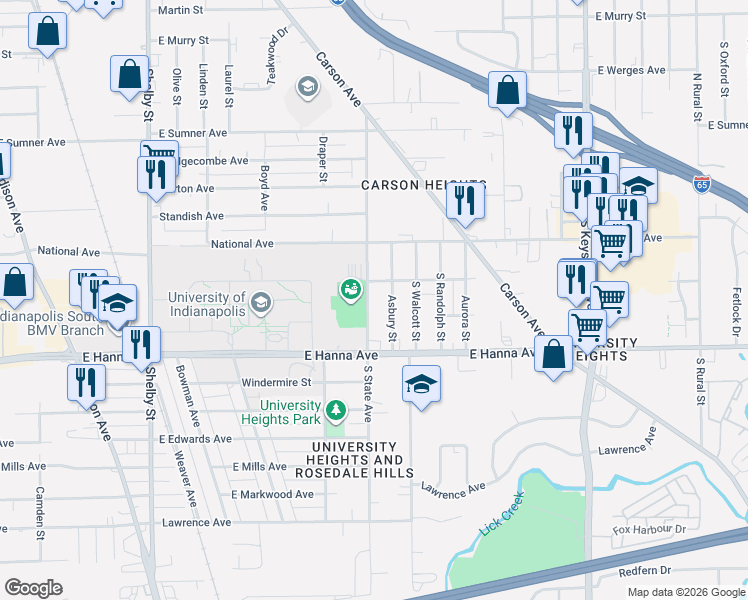 map of restaurants, bars, coffee shops, grocery stores, and more near 3909 South State Avenue in Indianapolis