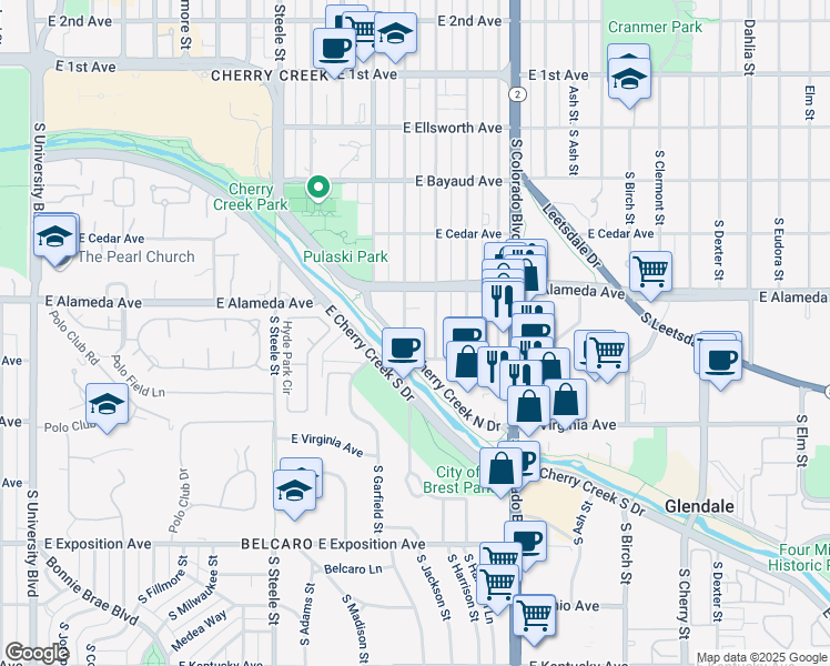 map of restaurants, bars, coffee shops, grocery stores, and more near 360 South Monroe Street in Denver