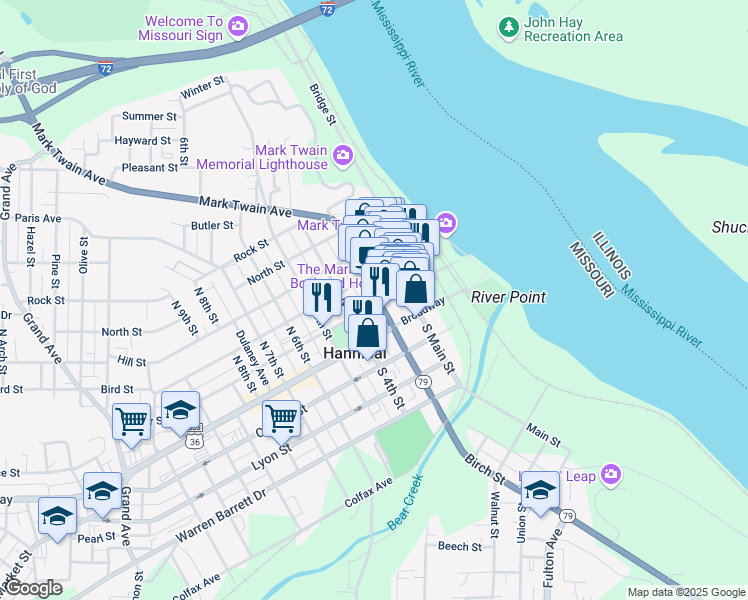 map of restaurants, bars, coffee shops, grocery stores, and more near 302 Broadway in Hannibal