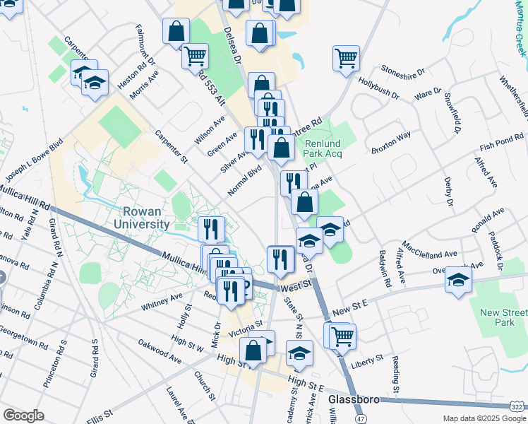 map of restaurants, bars, coffee shops, grocery stores, and more near 42 Carpenter Street in Glassboro