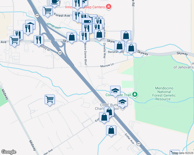 map of restaurants, bars, coffee shops, grocery stores, and more near 3731 Morrow Lane in Chico