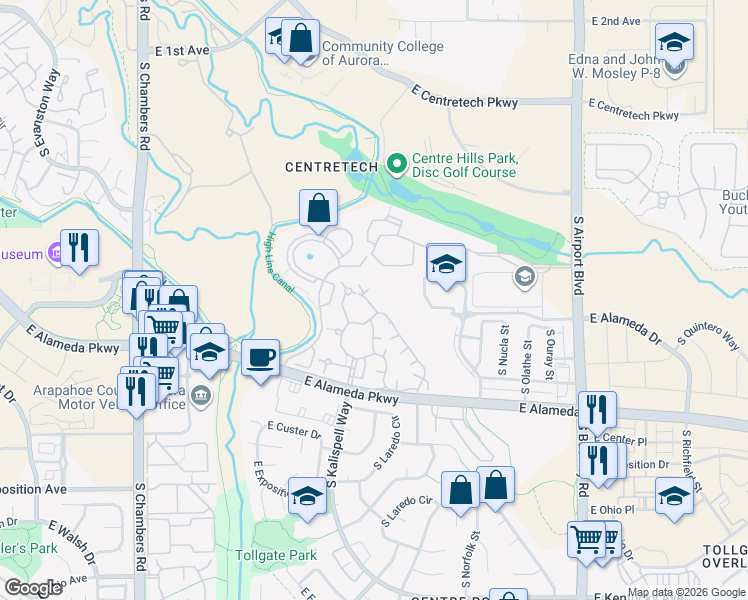 map of restaurants, bars, coffee shops, grocery stores, and more near 15911 East Dakota Place in Aurora