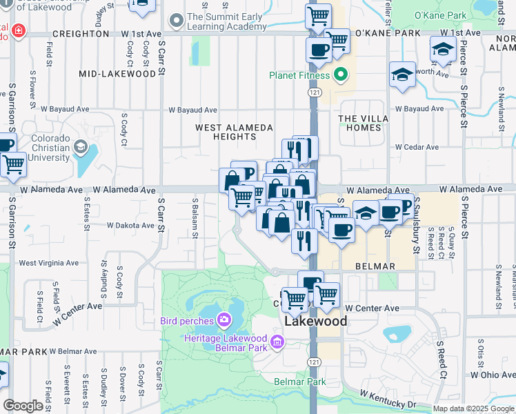 map of restaurants, bars, coffee shops, grocery stores, and more near in Lakewood