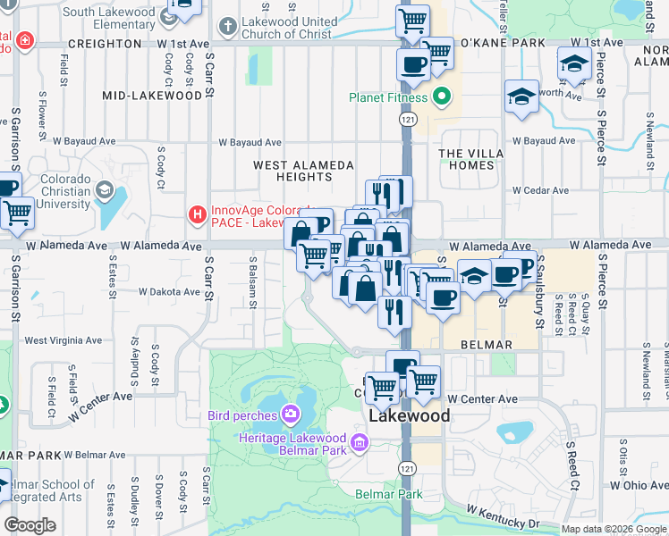 map of restaurants, bars, coffee shops, grocery stores, and more near in Denver
