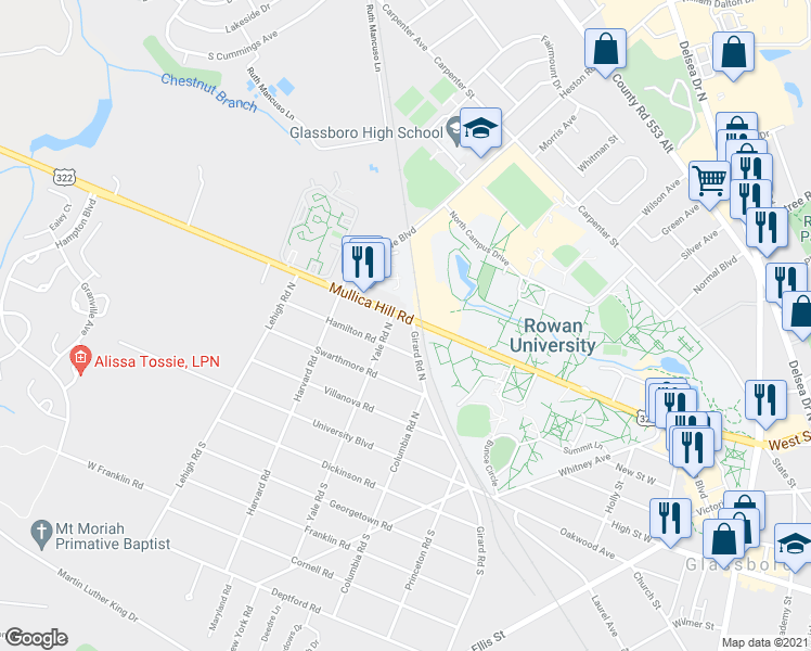map of restaurants, bars, coffee shops, grocery stores, and more near 303 Girard Road North in Glassboro