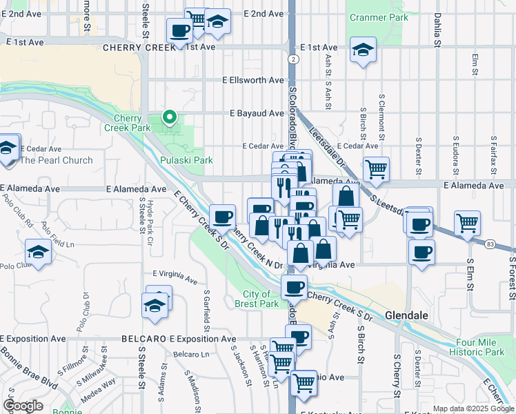 map of restaurants, bars, coffee shops, grocery stores, and more near 375 South Jackson Street in Denver