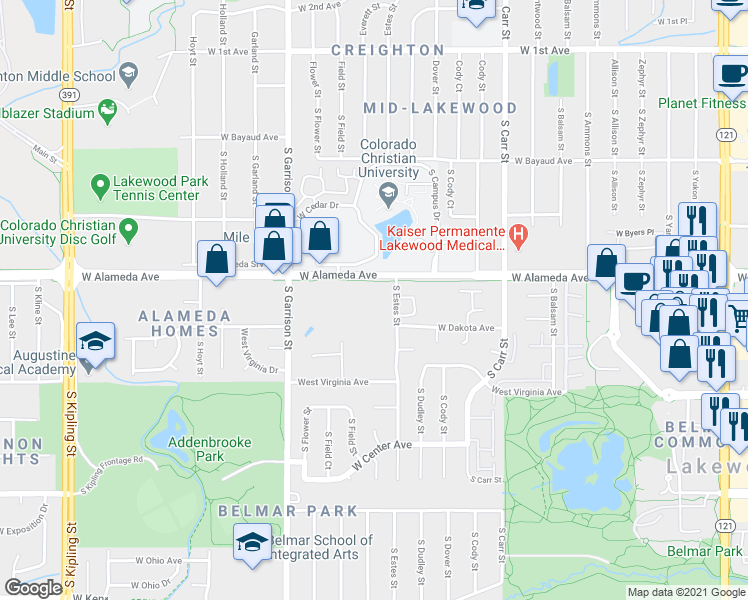 map of restaurants, bars, coffee shops, grocery stores, and more near 8620 West Alameda Avenue in Lakewood