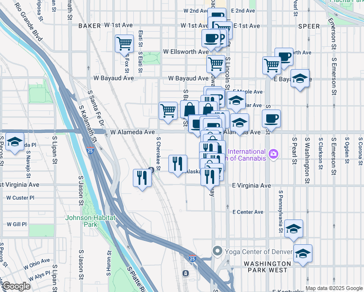 map of restaurants, bars, coffee shops, grocery stores, and more near 357 South Bannock Street in Denver