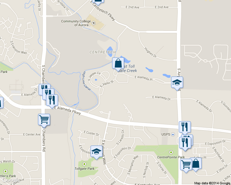 map of restaurants, bars, coffee shops, grocery stores, and more near 15911 East Dakota Place in Aurora