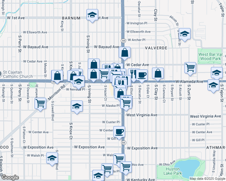 map of restaurants, bars, coffee shops, grocery stores, and more near 3101 West Dakota Avenue in Denver