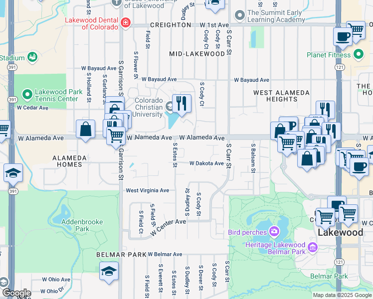map of restaurants, bars, coffee shops, grocery stores, and more near 374 South Estes Street in Lakewood
