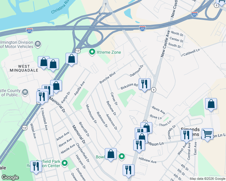 map of restaurants, bars, coffee shops, grocery stores, and more near 421 Bethune Drive in Wilmington