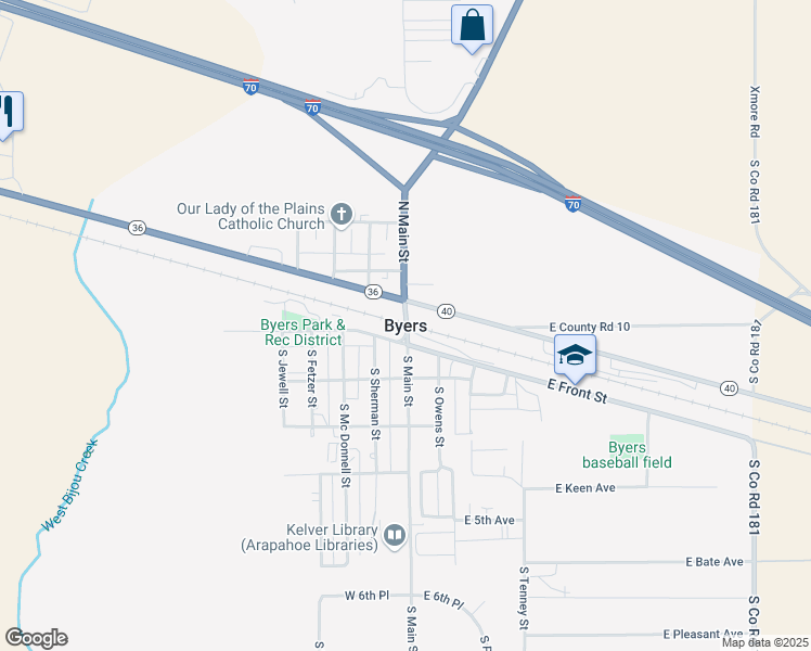 map of restaurants, bars, coffee shops, grocery stores, and more near in Byers