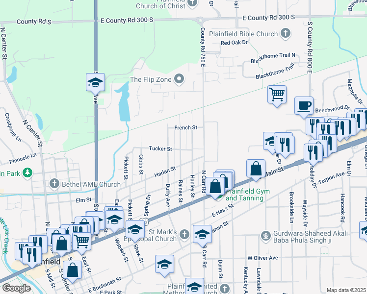 map of restaurants, bars, coffee shops, grocery stores, and more near 410 Raines Street in Plainfield