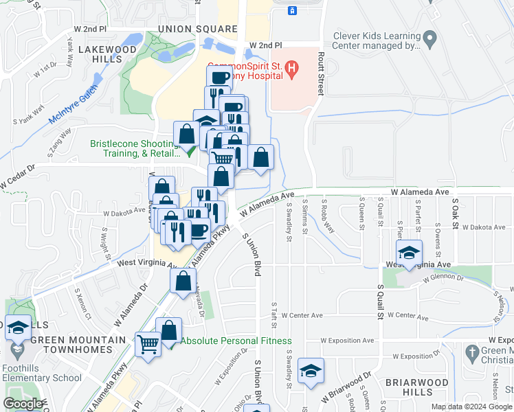 map of restaurants, bars, coffee shops, grocery stores, and more near 8501 W Alameda Pkwy in Denver