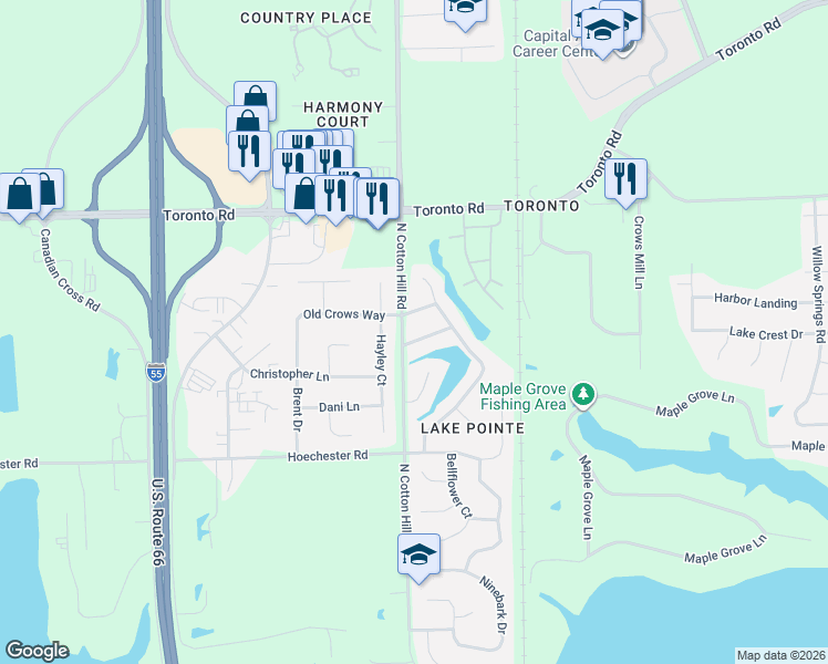 map of restaurants, bars, coffee shops, grocery stores, and more near 1400 Meadow Rue Drive in Springfield
